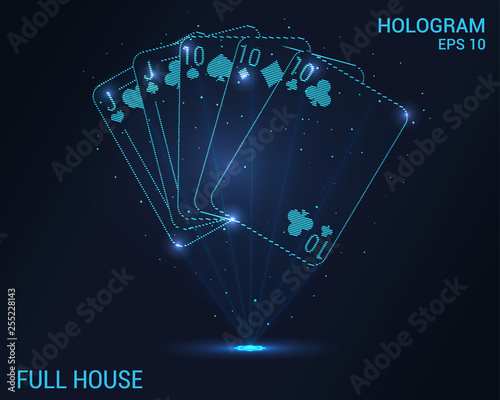 Full house hologram. Digital and technological background of the casino. Futuristic playing card design.