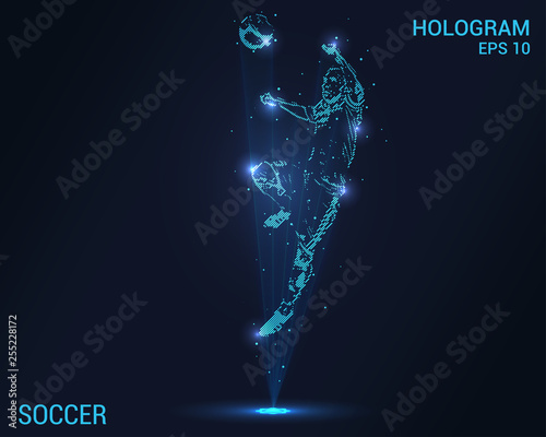 Soccer hologram. Digital and technological background of football. A football player hits his head.
