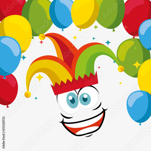 funny face wearing joker hat with balloons