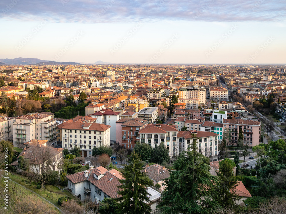above view of Lower Town of Bergamo in evening