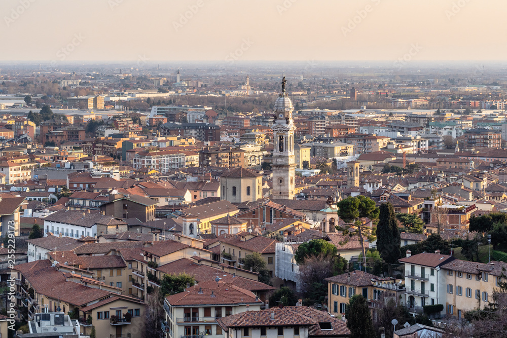 above view of Lower Town of Bergamo city at sunset