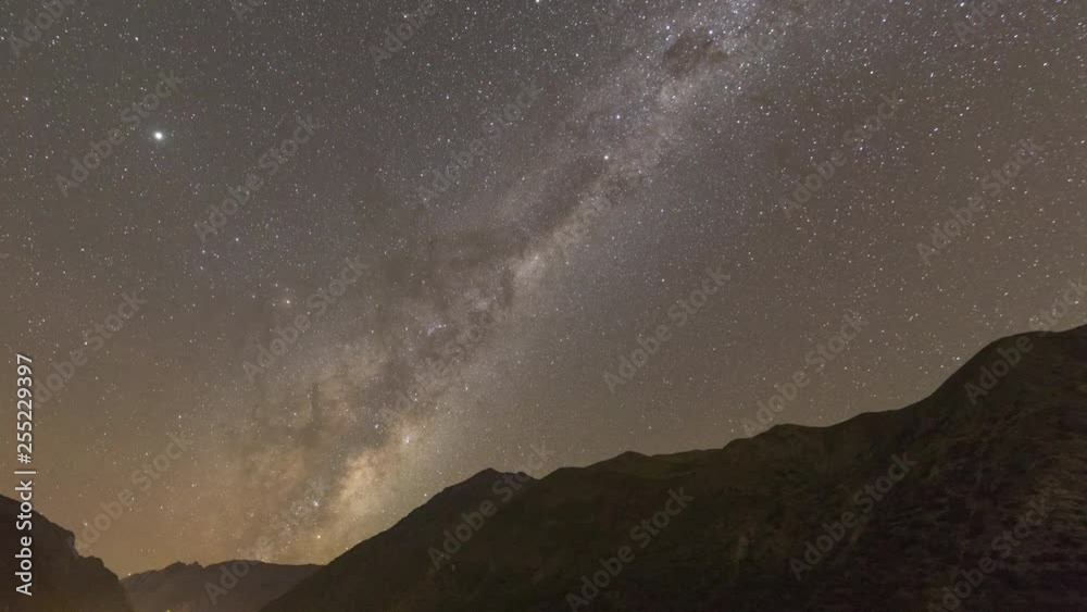 Andes mountains nightscape - The Milky Way galactic core, Jupiter, Saturn and Mars rising over Andes valleys while the moon light sets. An amazing night sky scenic on a natural environment