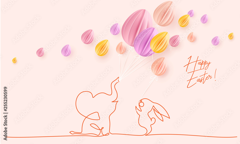 Happy Easter. Cute little elephant with balloons Happy Easter. Cute little elephant with balloons