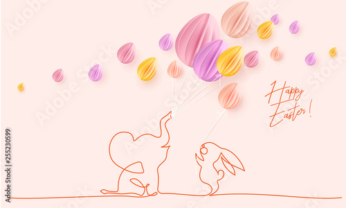 Happy Easter. Cute little elephant with balloons