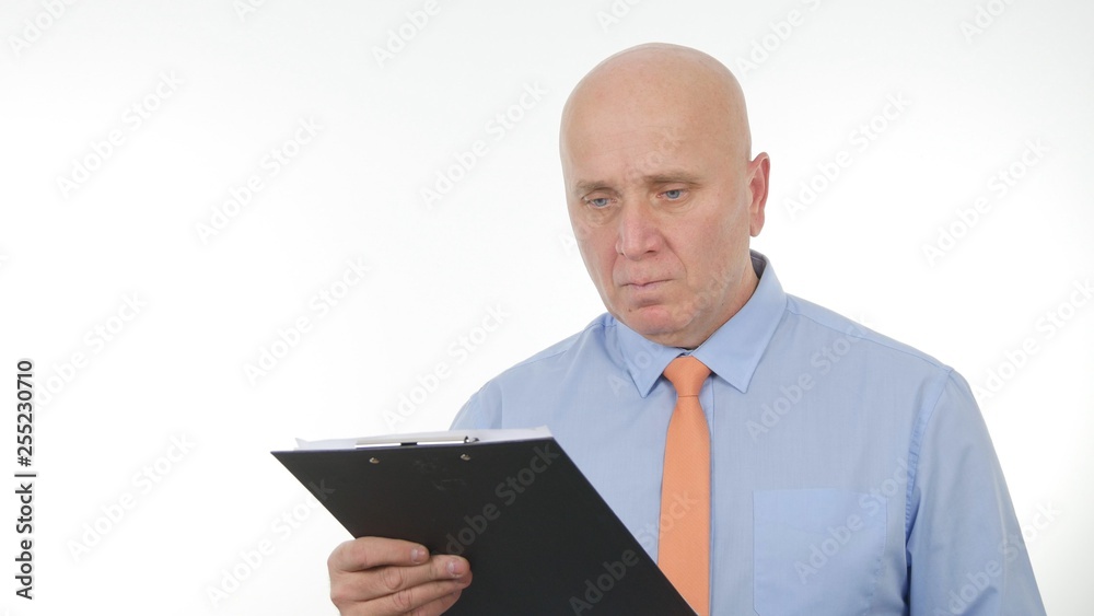 Businessman Image Looking in Clipboard Read with Attention Technical Documents Businessman Image Looking in Clipboard Read with Attention Technical Documents