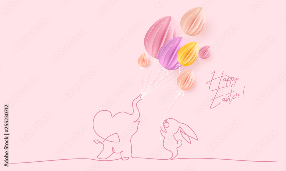 Happy Easter. Cute little elephant with balloons