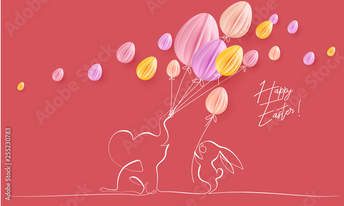 Happy Easter. Cute little elephant with balloons