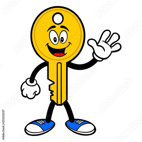 Key Mascot Waving - A vector cartoon illustration of a car key mascot waving.