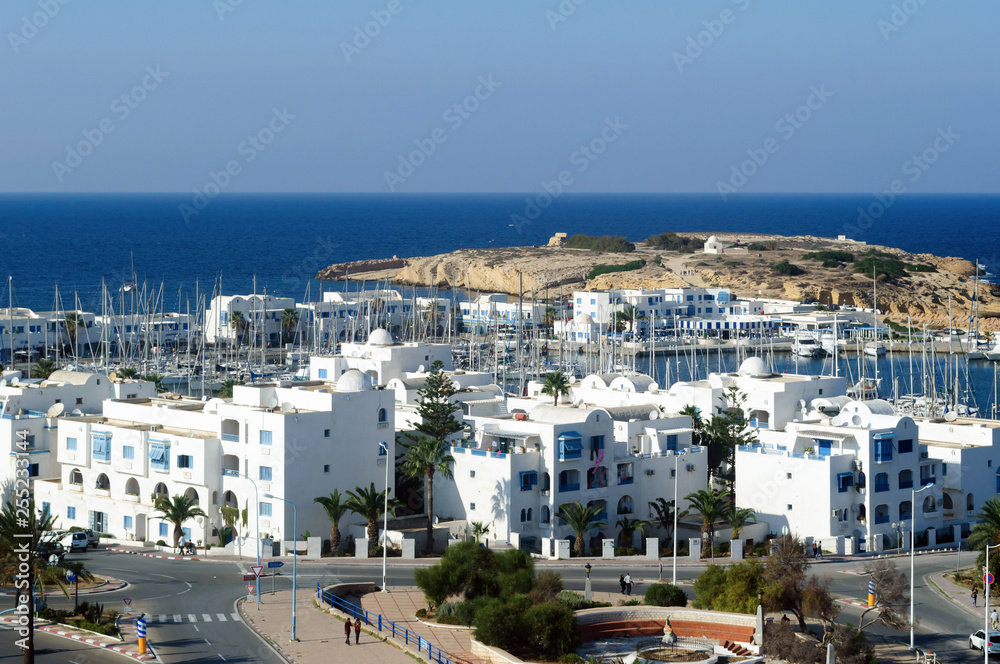 View of the building center and the port of Monastir.