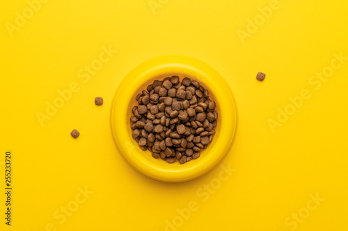 yellow pet bowl full of dry food on the yellow background