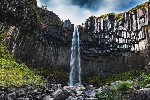 Famous Svartifoss waterfall in Iceland at summer front view