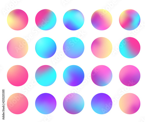 Rounded holographic gradient sphere set. Gradient colorful sphere in trendy style. Multicolor round buttons or vivid color spheres flat set. Vector illustration 10 eps