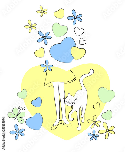 Cute cat y is at the feet of the girl with flowers and valentines. Illustration on a white background