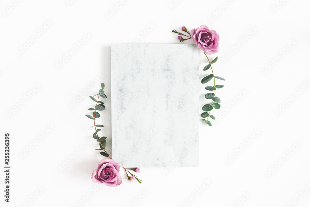 Flowers composition. Paper blank, eucalyptus branches and rose flowers on  white background. Wedding invitation card. Flat lay, top view, copy space  Stock Photo | Adobe Stock