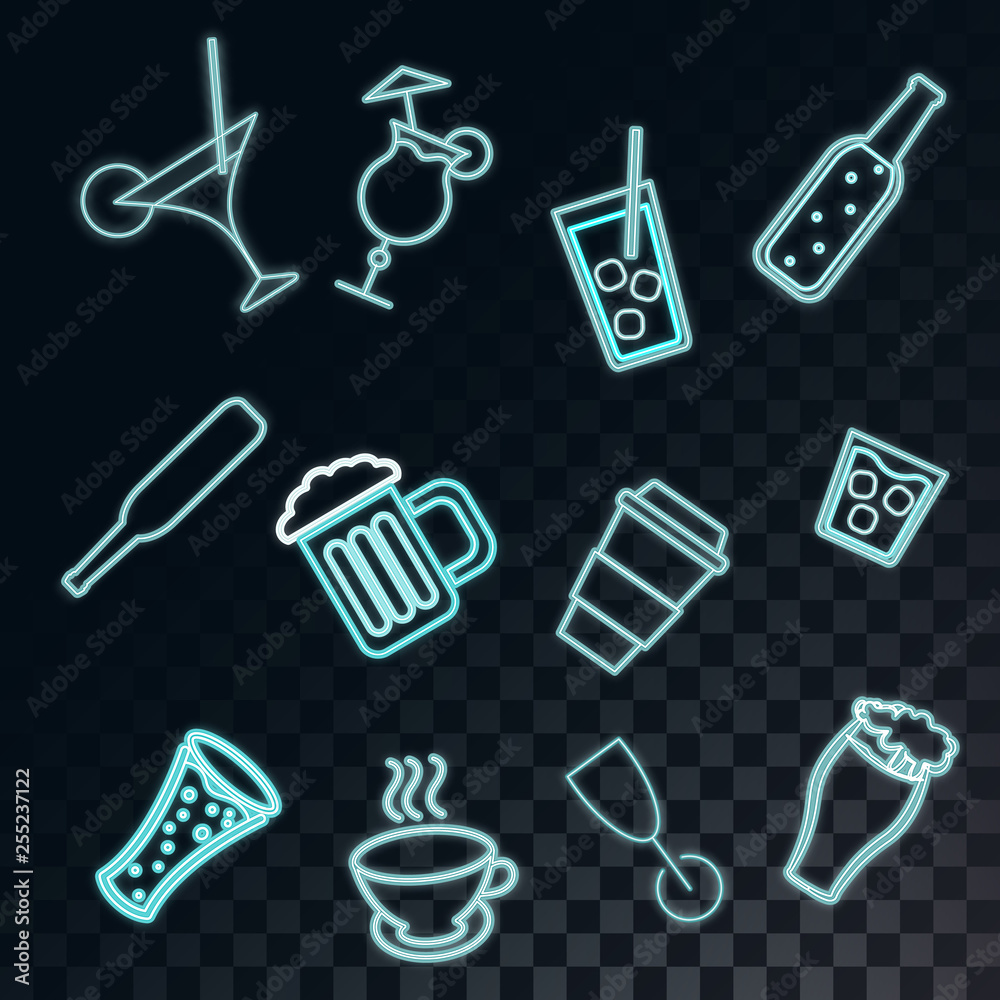 Obraz premium A set of neon bright glowing icons for a bar of cocktails, beer, glasses, coffee, tea, mugs, bottles of whiskey on a translucent dark in a squared black background from squares. Vector illustration