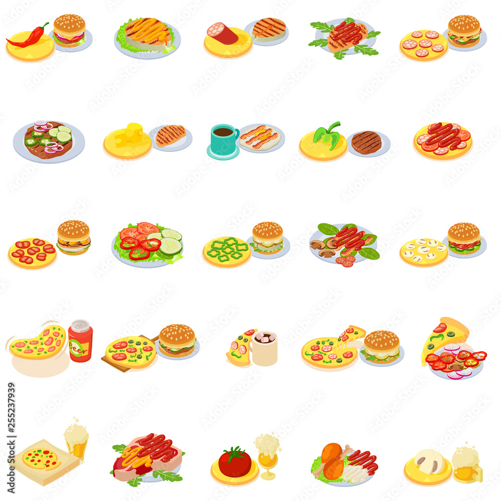 Fast food icons set. Isometric set of 25 fast food vector icons for web isolated on white background