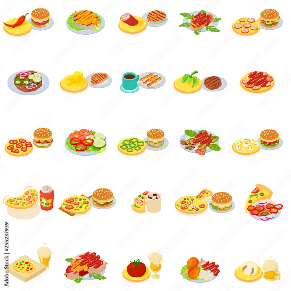 Fast food icons set. Isometric set of 25 fast food vector icons for web isolated on white background Fast food icons set. Isometric set of 25 fast food vector icons for web isolated on white background