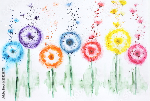 Watercolor picture flowers dandelions