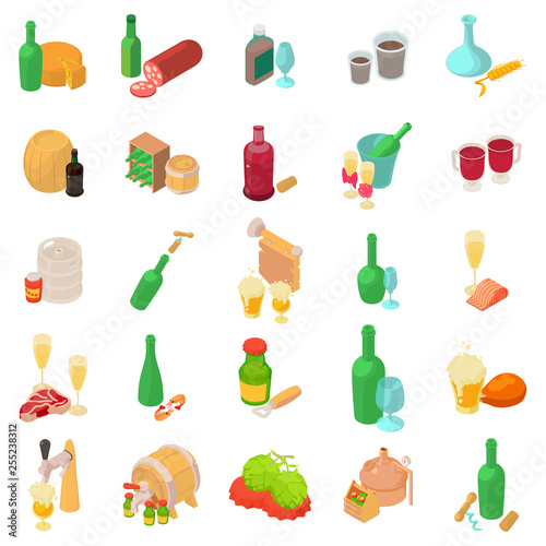 Alcohol icons set. Isometric set of 25 alcohol vector icons for web isolated on white background