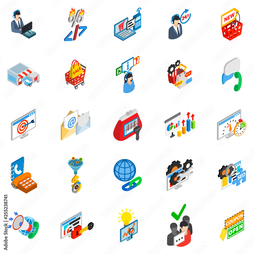 Online trade icons set. Isometric set of 25 online trade vector icons for web isolated on white background Online trade icons set. Isometric set of 25 online trade vector icons for web isolated on white background