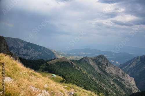 Mountain hut Rai (Paradise) near raisko praskalo waterfall and Botev peak. Central balkan national park, Stara planina mountain, Bulgaria