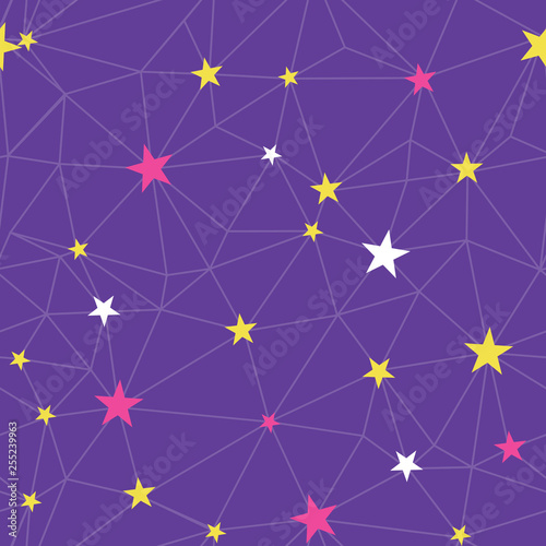 Purple stars network vector seamless pattern.