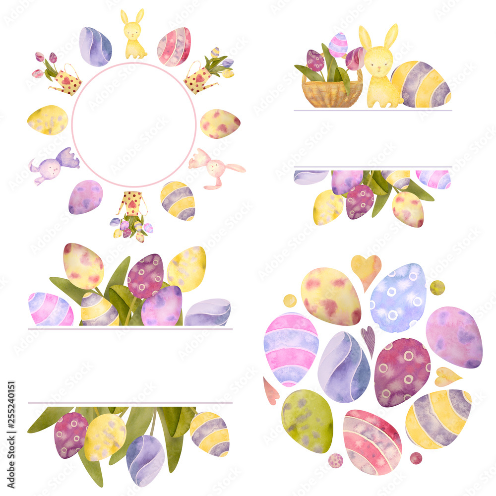 Watercolor drawn set with elements of happy easter. Frame, rabbit, eggs, isolated on white. for greeting card or logo