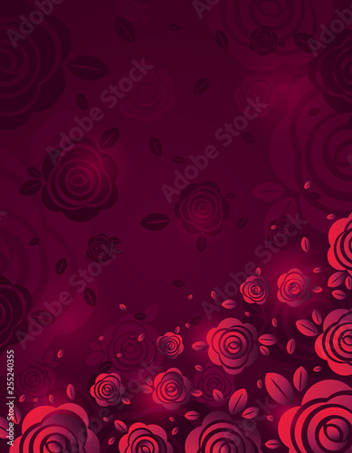 Pink background with fiery rose, vector illustration. Valentines day design with red flowers. Can be used for greetings card, scrap booking, wallpaper, web background, invitation, vector