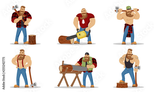 Set of lumberjacks brutal bearded mans in red checkered shirt with axe in hands. Woodcutters. Hiking and travel concept. Worker lumber with wood, character cartoon woodcutter on the white background.