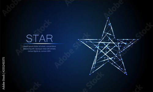 Low polygonal glowing five angles star, lines, triangular shapes. Polygonal style. Success, win symbol concept. Futuristic wireframe design vector illustration. 
