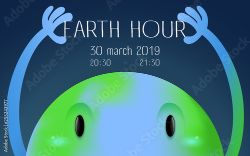 earth hour banner with a big looking earth character holding words earth hour on a dark blue space background