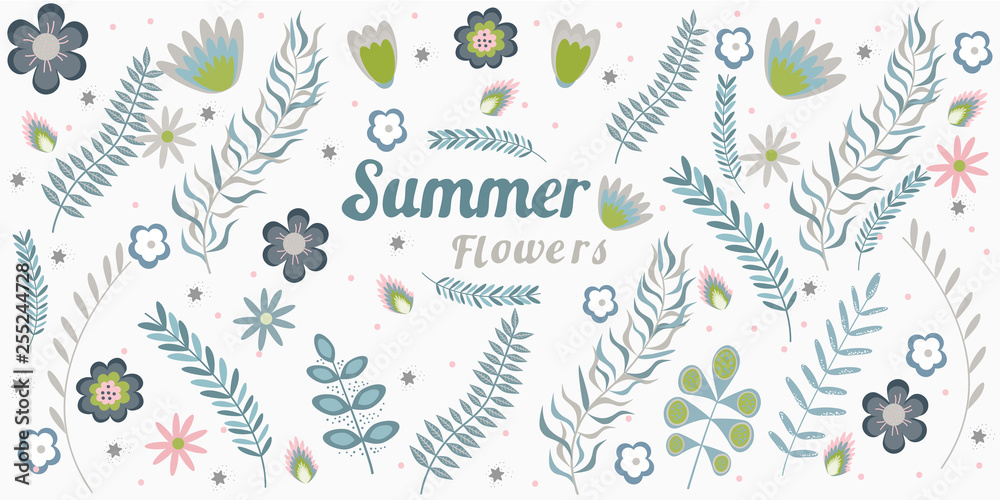 Obraz premium Summer floral banner pattern wiht frame copy space Flowers and branches in pastel colors. Vector illustration.