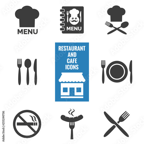 Restaurant and cafe icons set on white background.