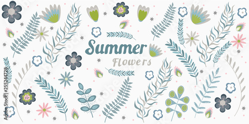 Summer floral banner pattern wiht frame copy space Flowers and branches in pastel colors. Vector illustration.