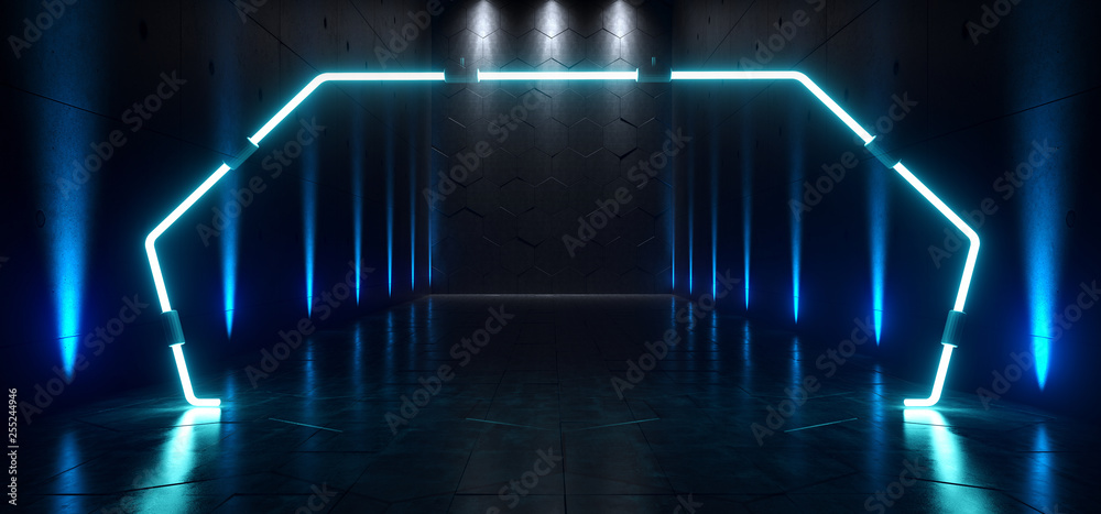 Neon Background Large Hall Gallery Room Sci Fi Futuristic Underground Ship Portal Glowing Blue Reflections On Grunge Concrete Spotlights 3D Rendering Neon Background Large Hall Gallery Room Sci Fi Futuristic Underground Ship Portal Glowing Blue Reflections On Grunge Concrete Spotlights 3D Rendering