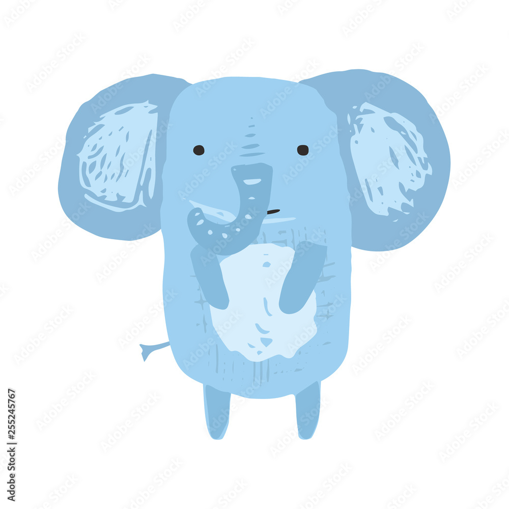 Fototapeta premium Cute childish hand drawn blue elephant illustration isolated on white background. Kids sketchy jumbo character for print design, stickers, background decoration