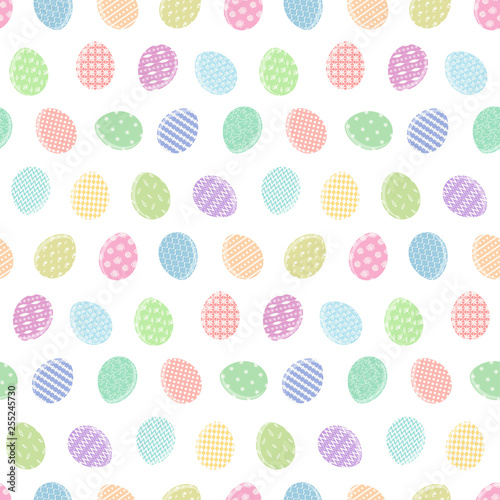 Tender Happy Easter seamless pattern with colorful eggs on white background. Gentle ornamental eggs texture for Easters package, gift wrapping paper, textile, covers