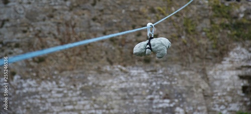 Green teddy bear on a zipwire