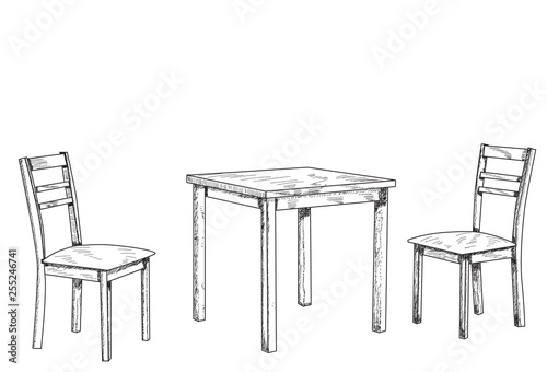 vector, isolated, sketch, lines table and two chairs