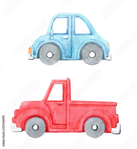 Watercolor set of cartoon car. Hand drawn illustration. Isolated on white background. Funny cartoon image. Travel conception.