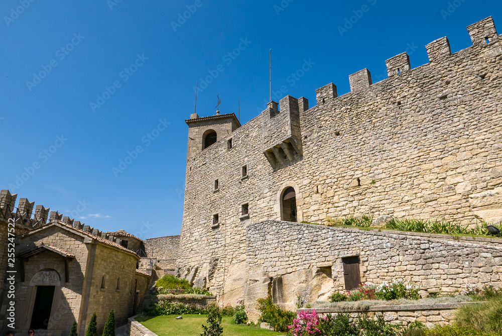 Tourists visit the fortress known as Guaita or Rocca in San Marino.