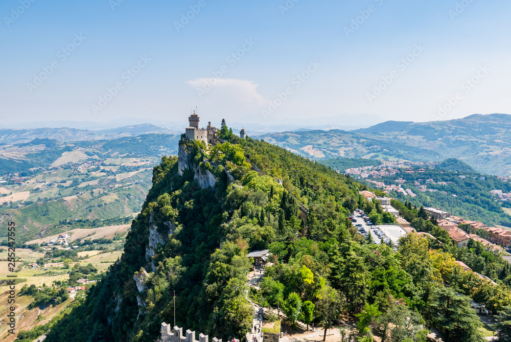 Panoramic view of San Marino second tower: the Cesta or Fratta seen from Guaita in a summer day.