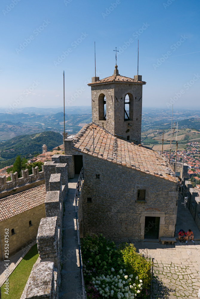 Tourists visit the fortress known as Guaita or Rocca in San Marino.