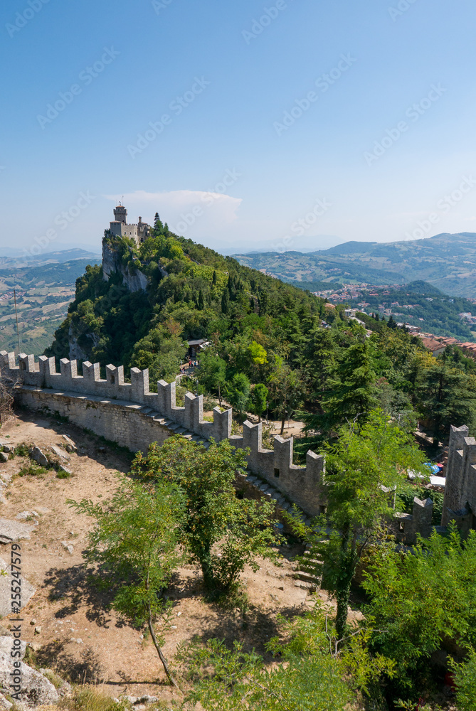 Panoramic view of San Marino second tower: the Cesta or Fratta seen from Guaita in a summer day