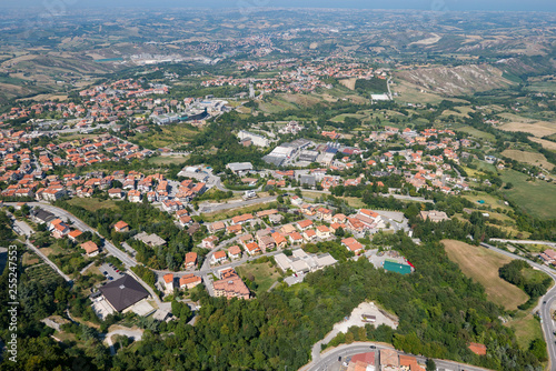 Panoramic view of the valleys surrounding San Marino, a small independent country surrounded by Italian territory seen from Guaita in a summer day