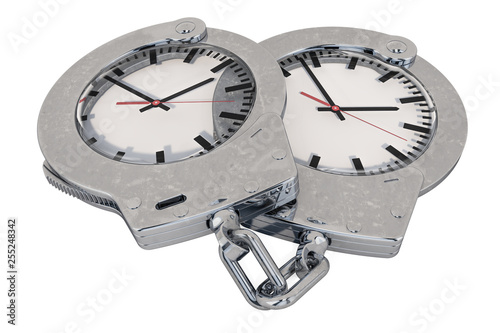 Time management concept. Handcuffs with clockes, 3D rendering photo