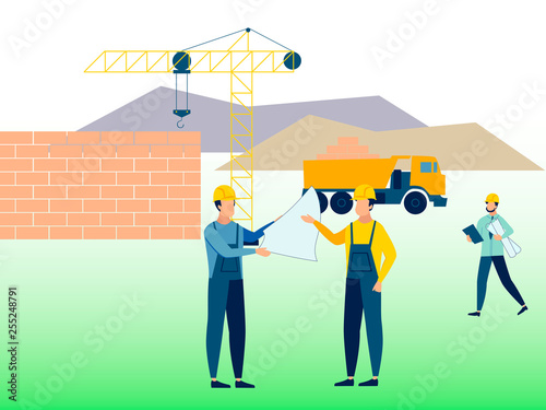 Construction, working environment. Builders at work. In minimalist style Cartoon flat Vector
