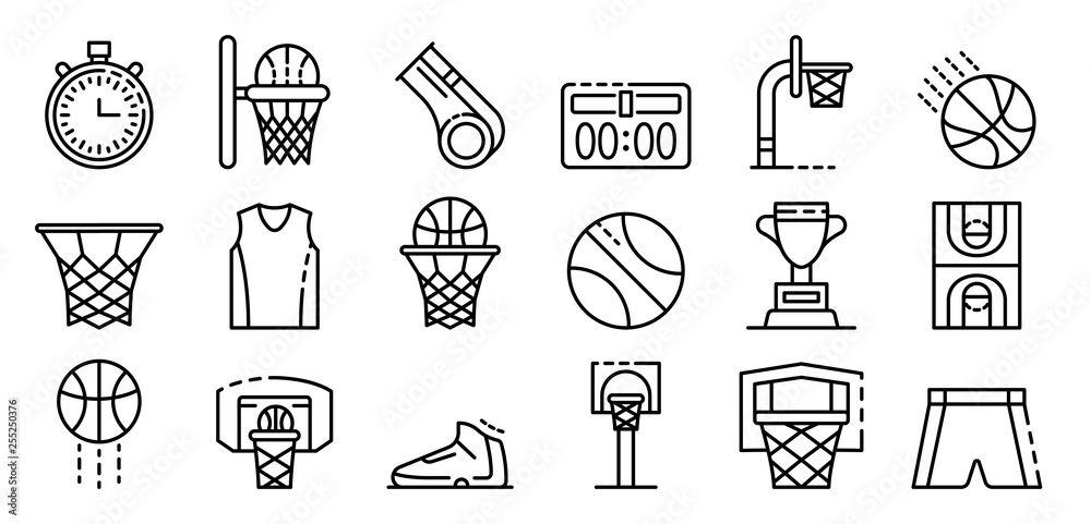 Basketball equipment icons set. Outline set of basketball equipment vector icons for web design isolated on white background