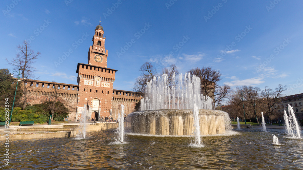 MILAN, ITALY - MARCH 10, 2019: Sforza Castle (Castello Sforzesco), a castle in Italy. One of the main landmarks of Milan.