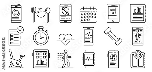 Apps for fitness icons set. Outline set of apps for fitness vector icons for web design isolated on white background
